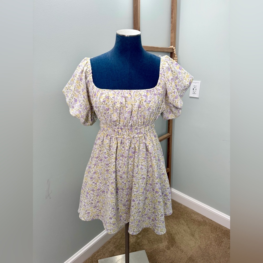 No Comment White Floral Cottagecore Puff Short Sleeve Mini Dress Size Medium